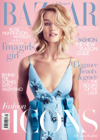 This image released by Harper's Bazaar shows the September 2015 issue of Harper's Bazaar, designed in shades of blue and pink. The experts at the Pantone Color Institute have chosen two colors of the year, Rose Quartz, a pale pink and Serenity, a shade that is closer to baby blue. (Harper's Bazaar via AP)